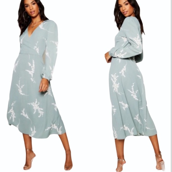 BOOHOO Tall Floral Print Wrap Midi Dress Sage - Picture 2 of 9
